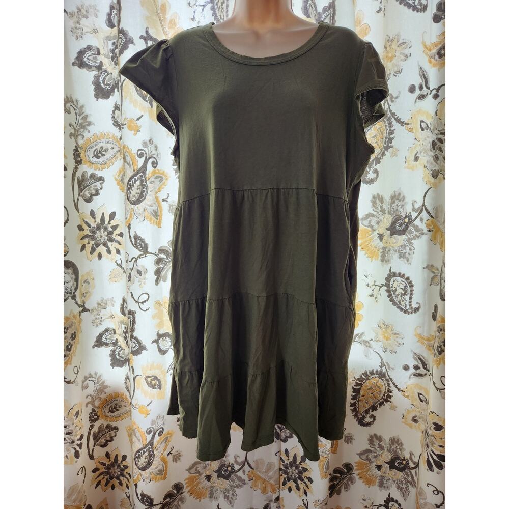 Time & Tru Dress Size Large Green 100% Cotton Knee Length Pockets